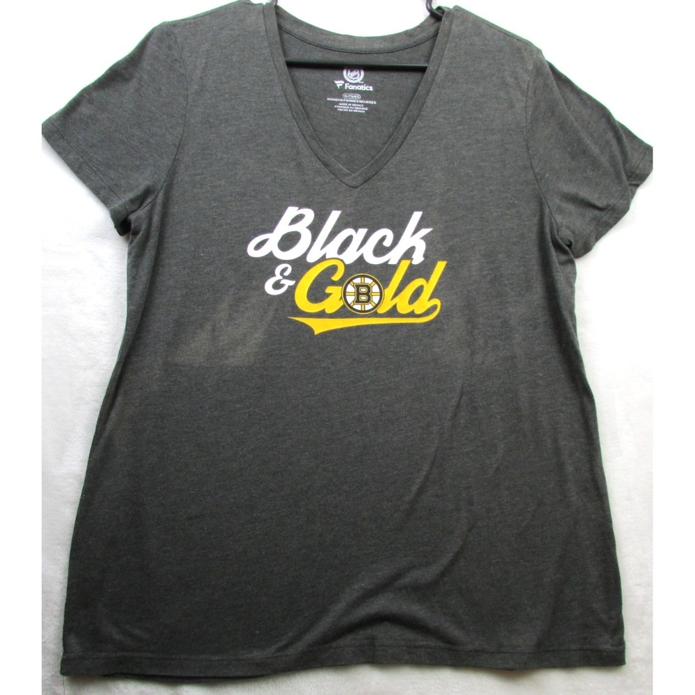 Boston Bruins Shirt Womens XL‎ Gray NHL Hockey V Neck Black and Gold Tee T-Shirt